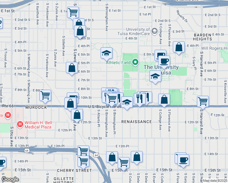map of restaurants, bars, coffee shops, grocery stores, and more near 2639 East 8th Street in Tulsa