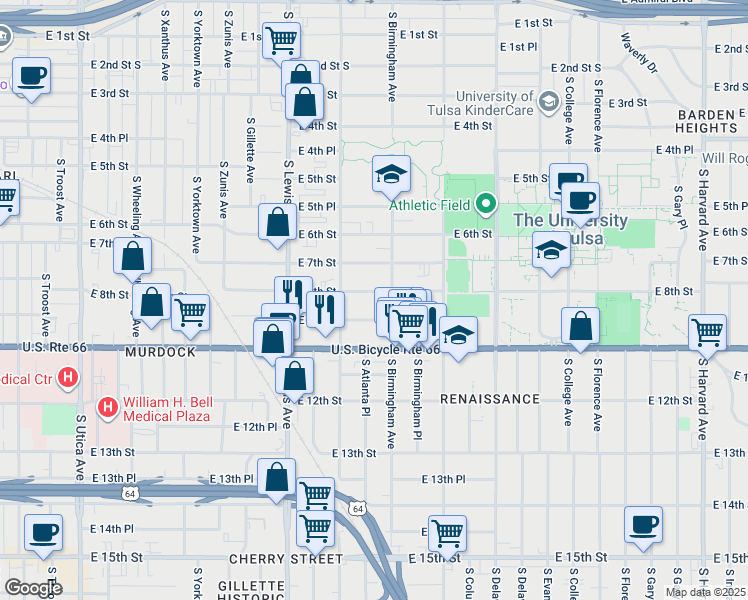 map of restaurants, bars, coffee shops, grocery stores, and more near 2519 East 8th Street in Tulsa