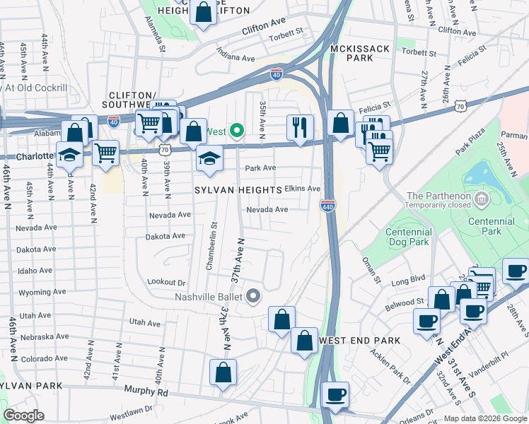 map of restaurants, bars, coffee shops, grocery stores, and more near 3318 Nevada Avenue in Nashville