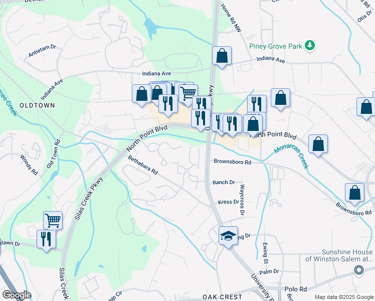 map of restaurants, bars, coffee shops, grocery stores, and more near 1280 Collegian Terrace in Winston-Salem