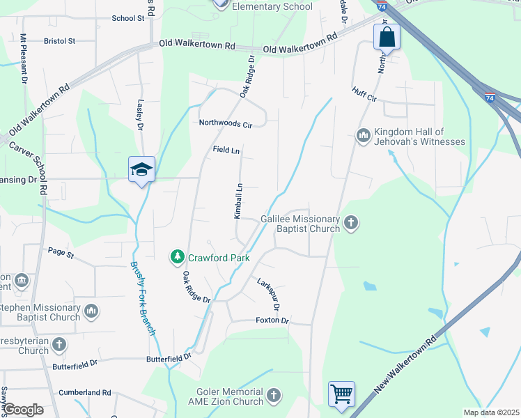 map of restaurants, bars, coffee shops, grocery stores, and more near 4405 Orchid Drive in Winston-Salem