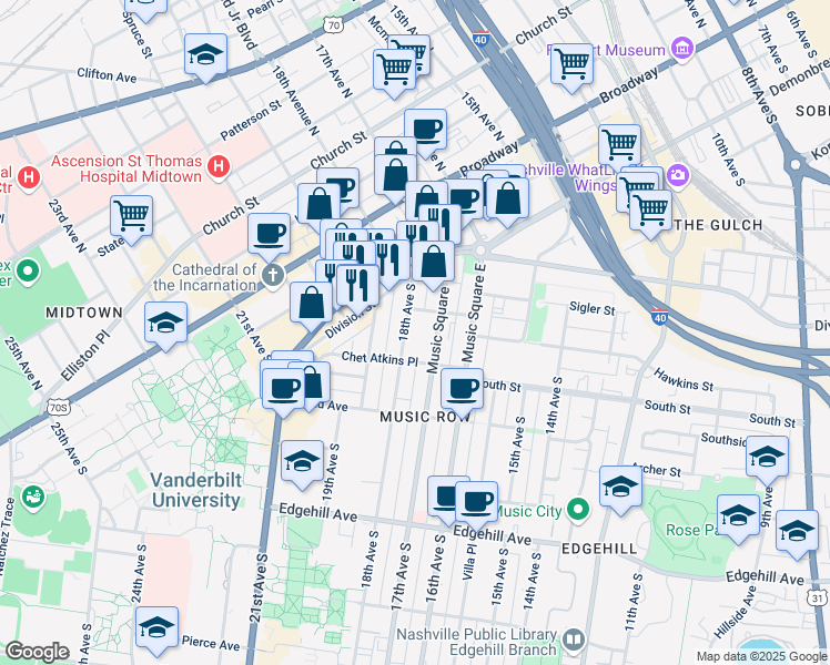 map of restaurants, bars, coffee shops, grocery stores, and more near 807 18th Avenue South in Nashville