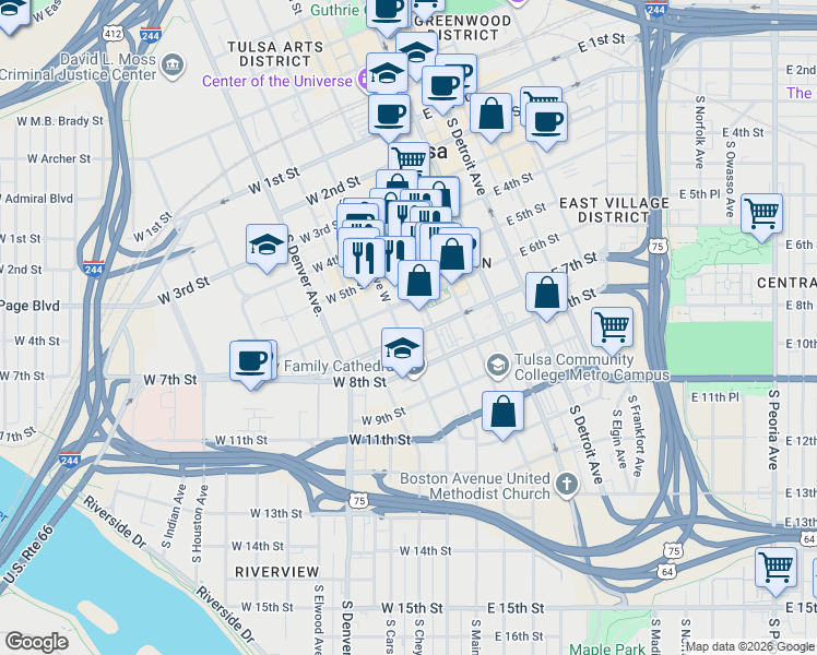 map of restaurants, bars, coffee shops, grocery stores, and more near 17 West 7th Street in Tulsa