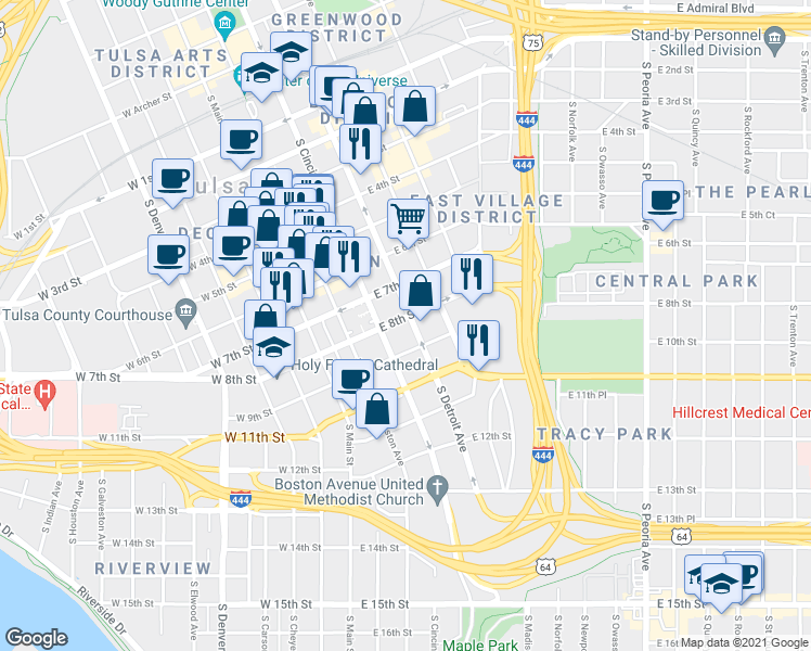map of restaurants, bars, coffee shops, grocery stores, and more near 710 South Detroit Avenue in Tulsa