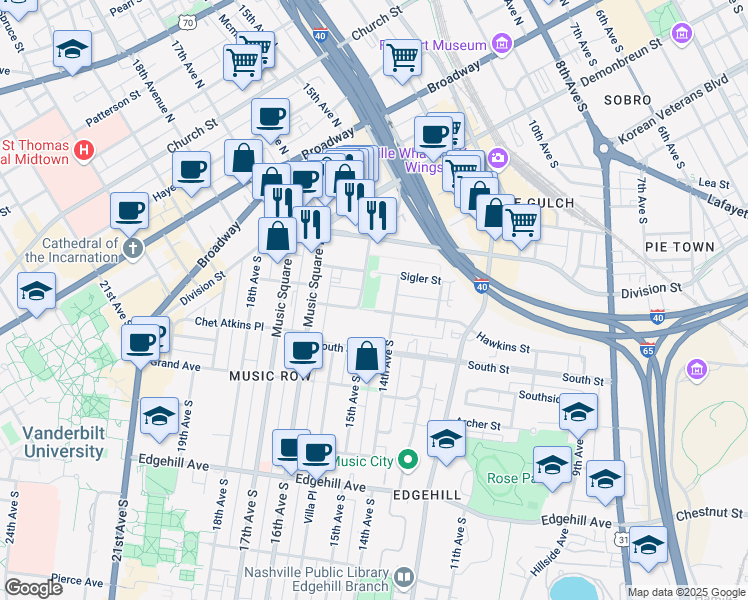 map of restaurants, bars, coffee shops, grocery stores, and more near 1 Music Circle North in Nashville