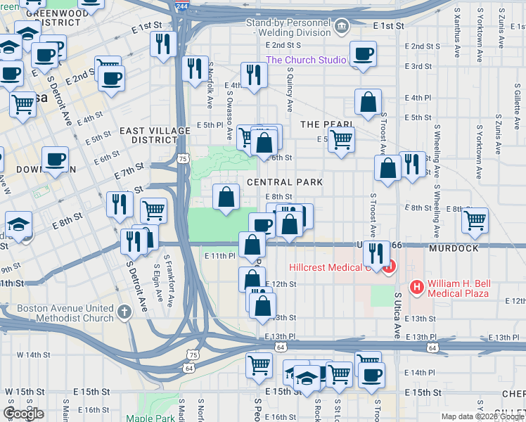 map of restaurants, bars, coffee shops, grocery stores, and more near in Tulsa