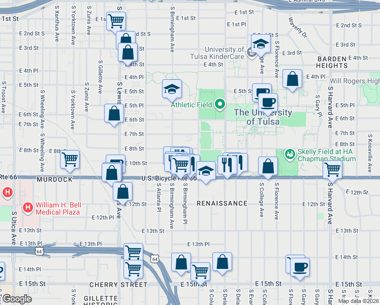 map of restaurants, bars, coffee shops, grocery stores, and more near 2639 East 8th Street in Tulsa
