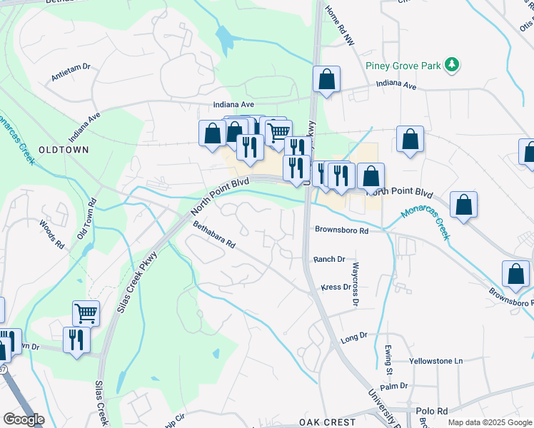 map of restaurants, bars, coffee shops, grocery stores, and more near 3001 Northwood Drive in Winston-Salem