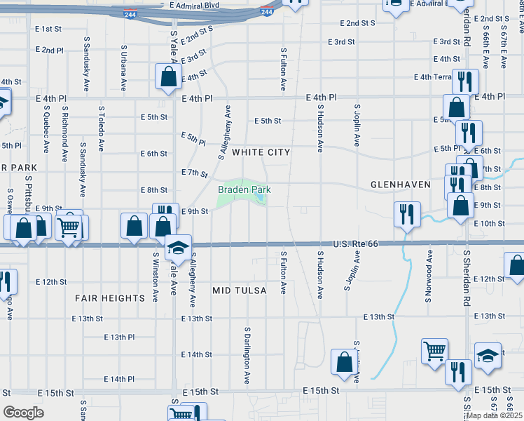 map of restaurants, bars, coffee shops, grocery stores, and more near 5302 E 9th St East Avenue in Tulsa