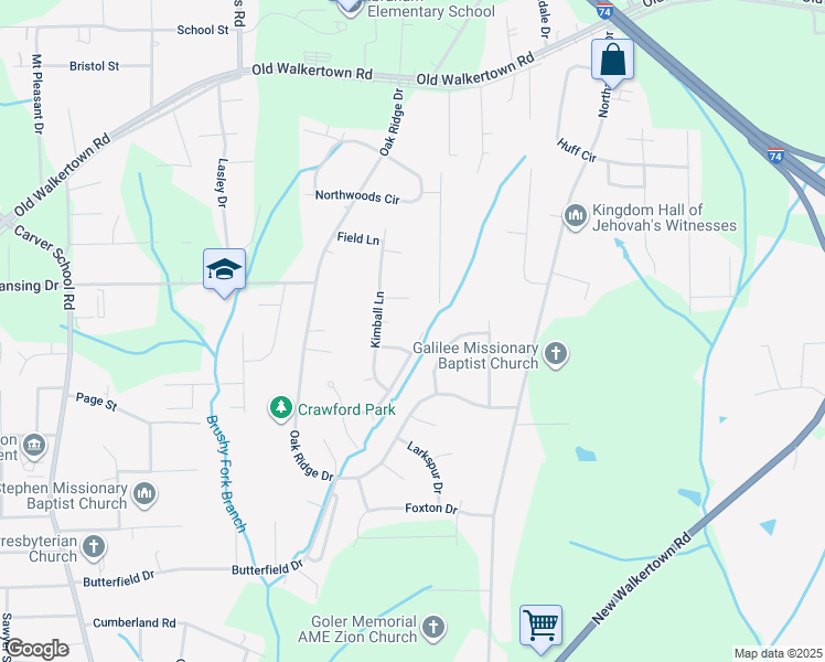 map of restaurants, bars, coffee shops, grocery stores, and more near 4405 Orchid Drive in Winston-Salem