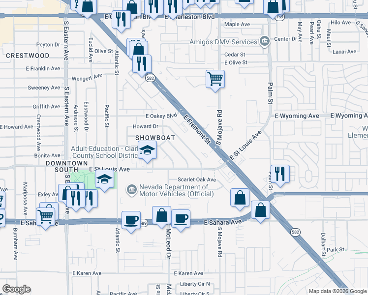 map of restaurants, bars, coffee shops, grocery stores, and more near 2800 Howard Drive in Las Vegas
