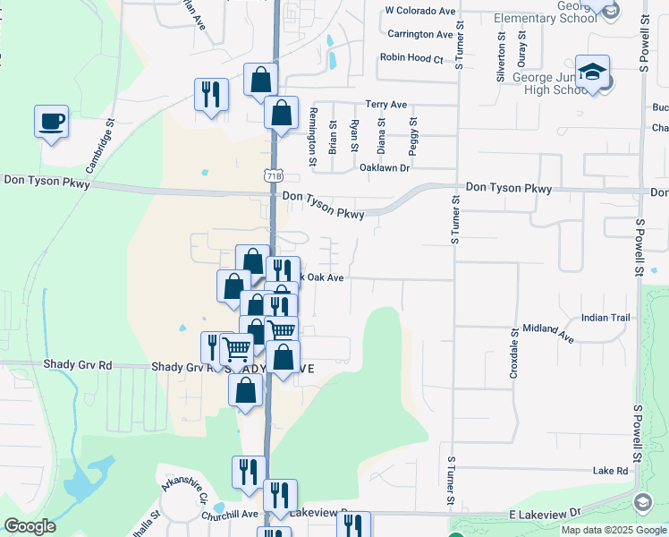 map of restaurants, bars, coffee shops, grocery stores, and more near 608 Black Oak Avenue in Springdale