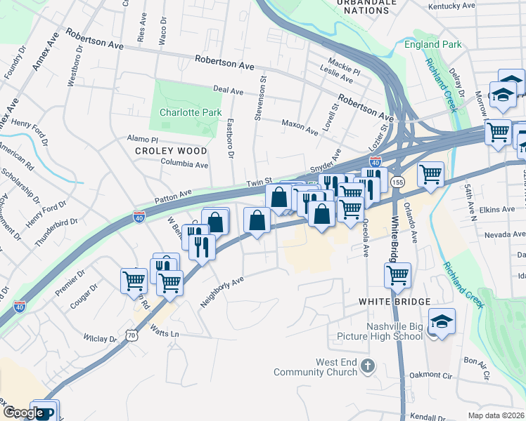map of restaurants, bars, coffee shops, grocery stores, and more near 6010 Obrien Avenue in Nashville