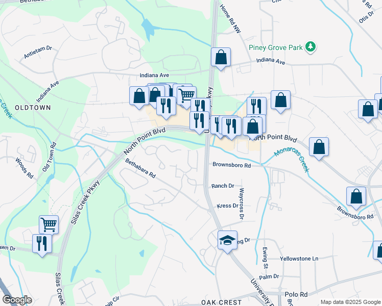map of restaurants, bars, coffee shops, grocery stores, and more near 1287 Collegian Terrace in Winston-Salem