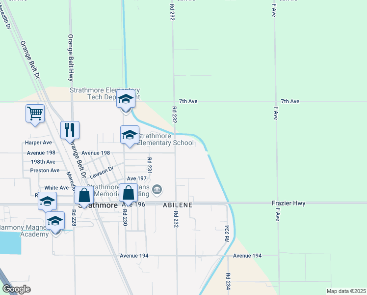 map of restaurants, bars, coffee shops, grocery stores, and more near 19812 Road 232 in Strathmore