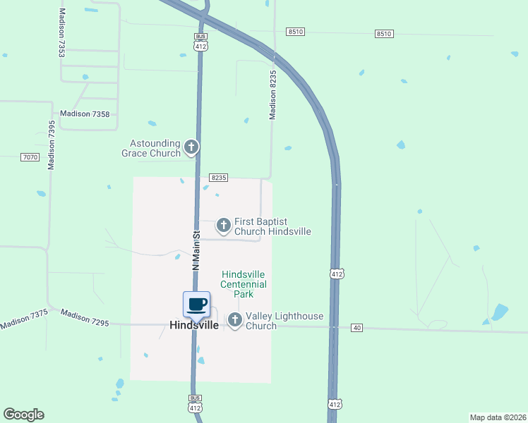 map of restaurants, bars, coffee shops, grocery stores, and more near 246 Madison 7835 in Hindsville