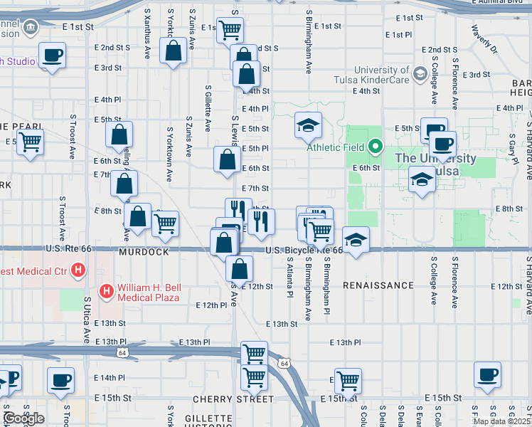 map of restaurants, bars, coffee shops, grocery stores, and more near 2431 East 8th Street in Tulsa