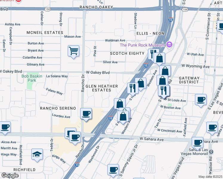 map of restaurants, bars, coffee shops, grocery stores, and more near 1728 Ivanhoe Way in Las Vegas