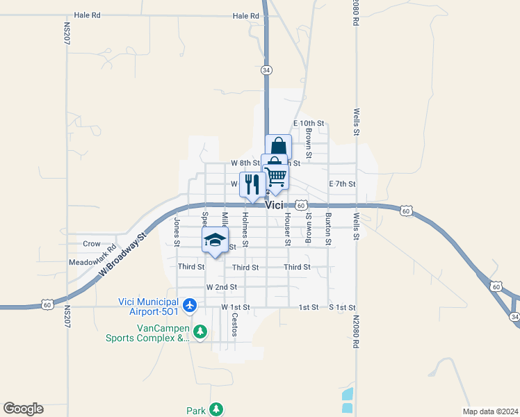 map of restaurants, bars, coffee shops, grocery stores, and more near 104 Broadway Street in Vici