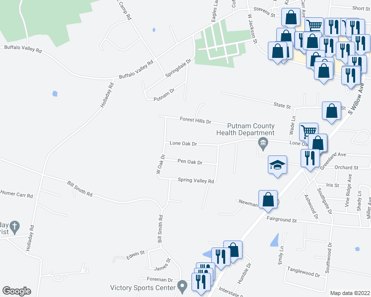 map of restaurants, bars, coffee shops, grocery stores, and more near 872 Lone Oak Drive in Cookeville