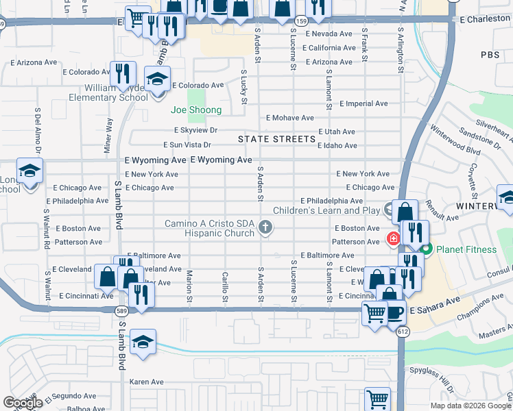 map of restaurants, bars, coffee shops, grocery stores, and more near 4591 East Philadelphia Avenue in Las Vegas