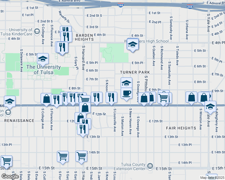 map of restaurants, bars, coffee shops, grocery stores, and more near 814 South Louisville Avenue in Tulsa