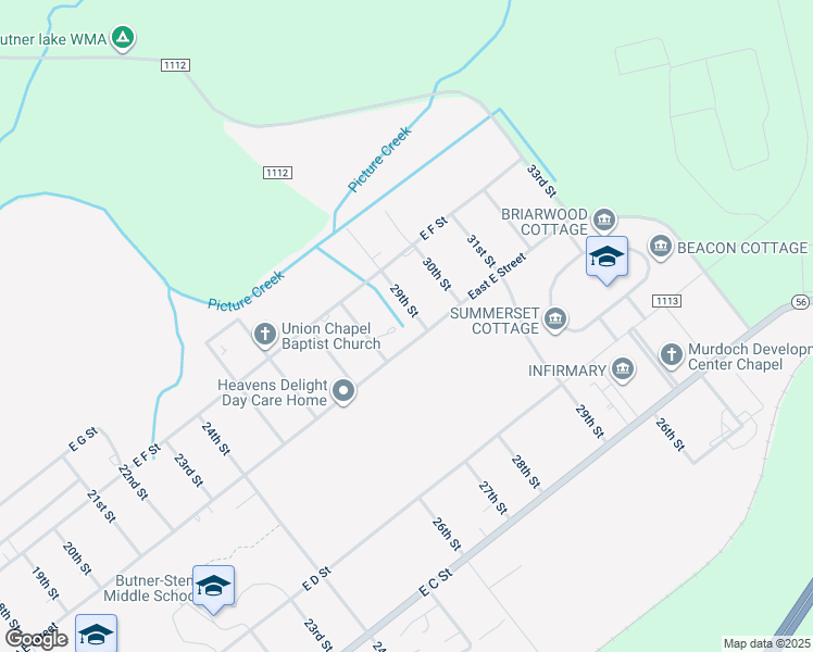 map of restaurants, bars, coffee shops, grocery stores, and more near 603 29th Street in Butner