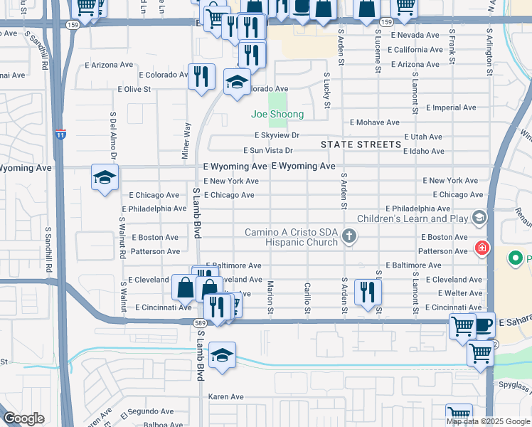 map of restaurants, bars, coffee shops, grocery stores, and more near 4418 East Philadelphia Avenue in Las Vegas