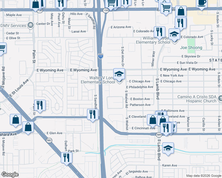 map of restaurants, bars, coffee shops, grocery stores, and more near 2018 Shannon Christine Drive in Las Vegas