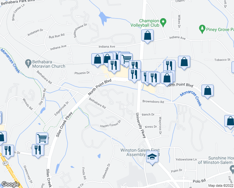 map of restaurants, bars, coffee shops, grocery stores, and more near 2018 Northwood Drive in Winston-Salem