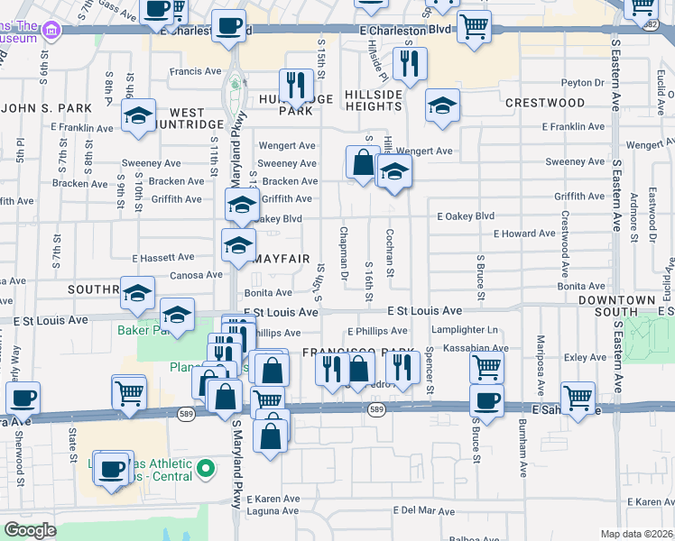 map of restaurants, bars, coffee shops, grocery stores, and more near 1801 South 15th Street in Las Vegas