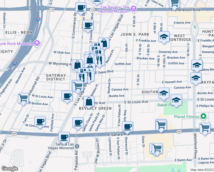 map of restaurants, bars, coffee shops, grocery stores, and more near 1727 Santa Paula Drive in Las Vegas