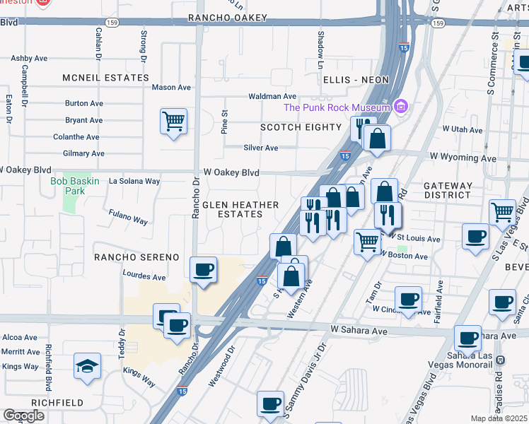 map of restaurants, bars, coffee shops, grocery stores, and more near 1728 Ivanhoe Way in Las Vegas