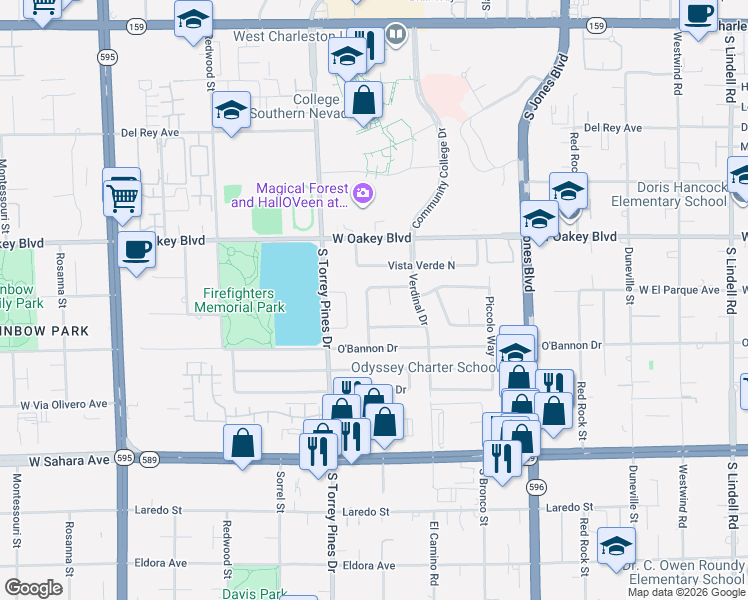 map of restaurants, bars, coffee shops, grocery stores, and more near 6336 Bluejay Way in Las Vegas