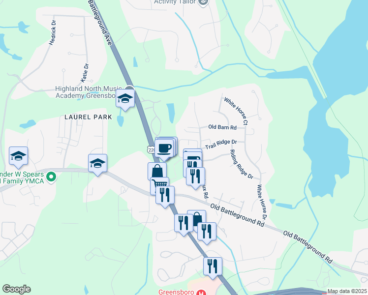 map of restaurants, bars, coffee shops, grocery stores, and more near 5125 Michaux Road in Greensboro