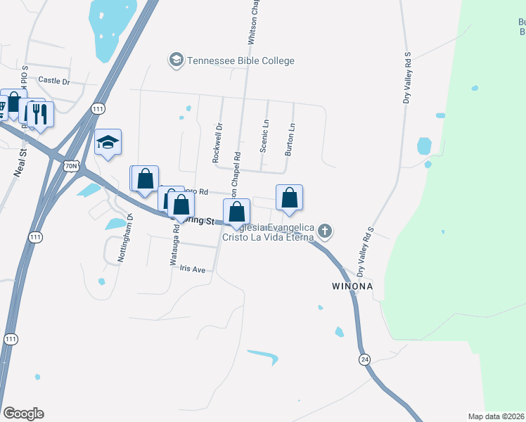 map of restaurants, bars, coffee shops, grocery stores, and more near 644 Whitson Chapel Road in Cookeville