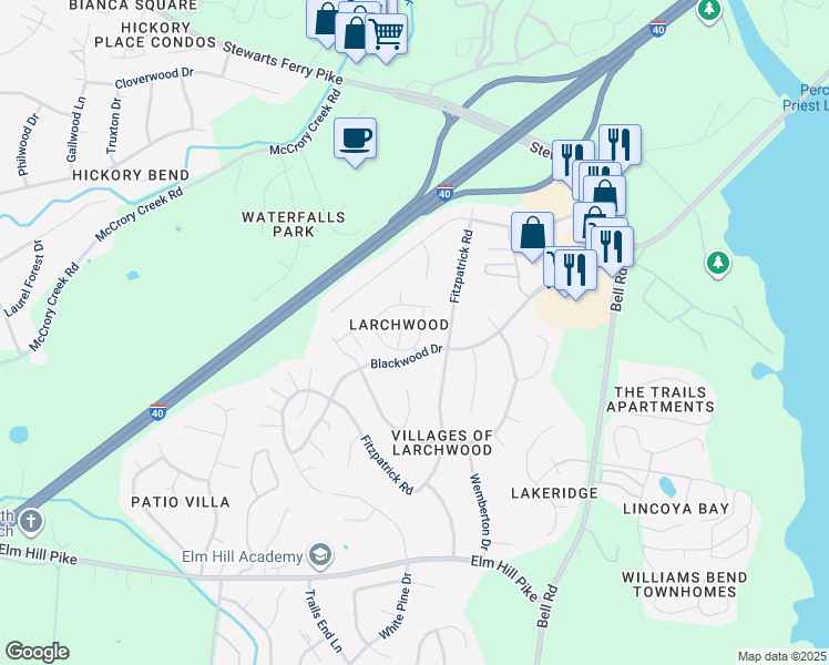 map of restaurants, bars, coffee shops, grocery stores, and more near 320 Lakebrink Drive in Nashville