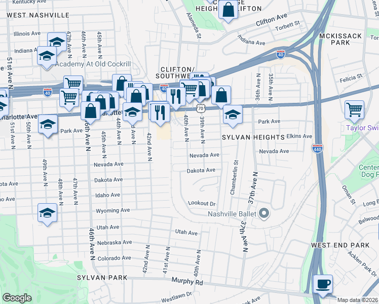 map of restaurants, bars, coffee shops, grocery stores, and more near 3913 Elkins Alley in Nashville