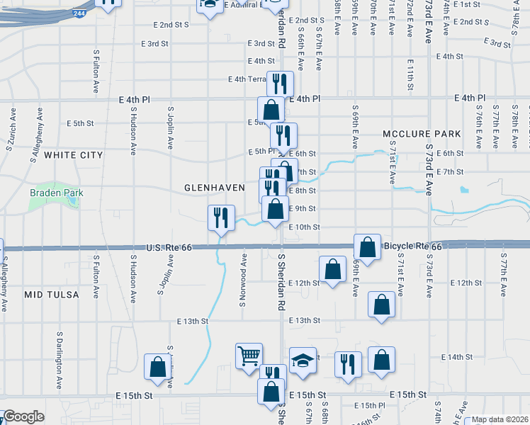 map of restaurants, bars, coffee shops, grocery stores, and more near 6335 E 9th St East Avenue in Tulsa