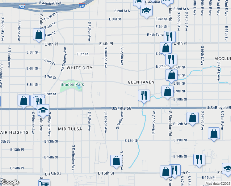 map of restaurants, bars, coffee shops, grocery stores, and more near 5903 East 9th Street in Tulsa