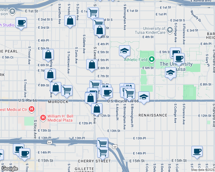 map of restaurants, bars, coffee shops, grocery stores, and more near 2431 East 8th Street in Tulsa