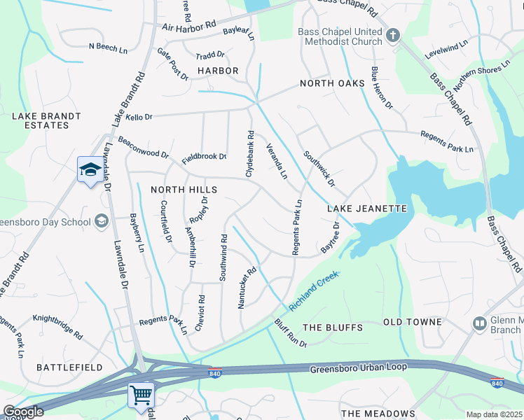 map of restaurants, bars, coffee shops, grocery stores, and more near 5406 Southwind Road in Greensboro