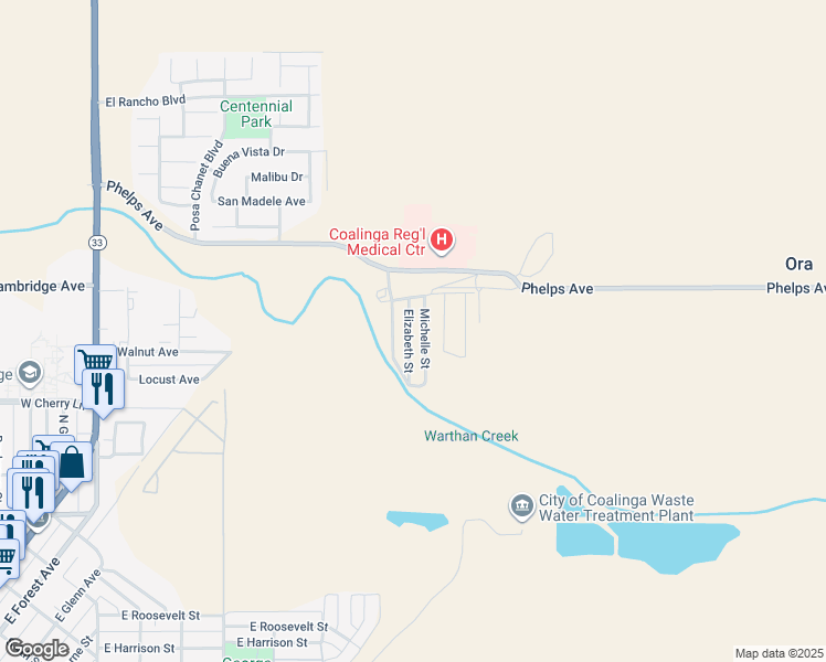 map of restaurants, bars, coffee shops, grocery stores, and more near 1529 Michelle Street in Coalinga