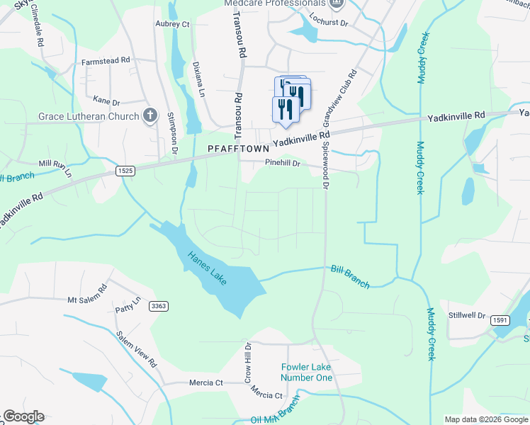map of restaurants, bars, coffee shops, grocery stores, and more near 4771 Pfaff Lane in Pfafftown