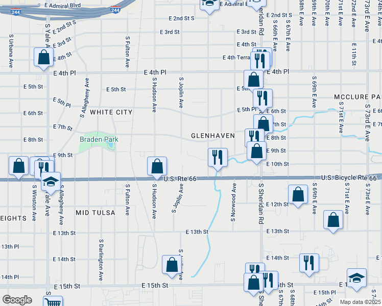 map of restaurants, bars, coffee shops, grocery stores, and more near 5903 East 9th Street in Tulsa