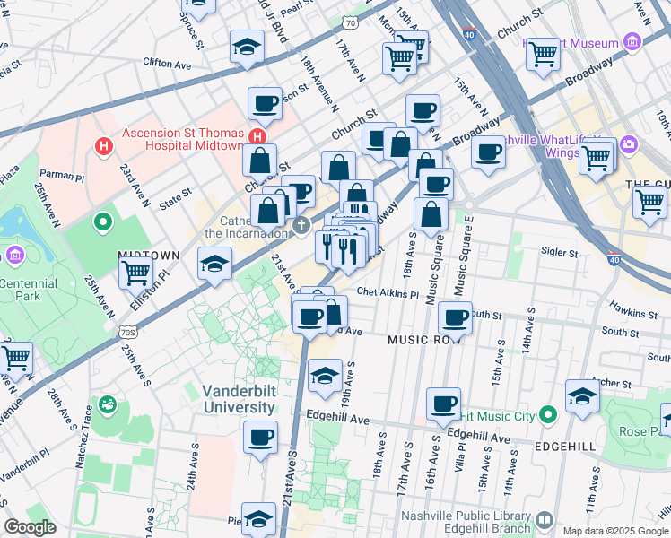 map of restaurants, bars, coffee shops, grocery stores, and more near in Nashville
