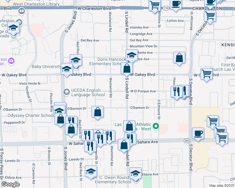 map of restaurants, bars, coffee shops, grocery stores, and more near 5585 West El Parque Avenue in Las Vegas
