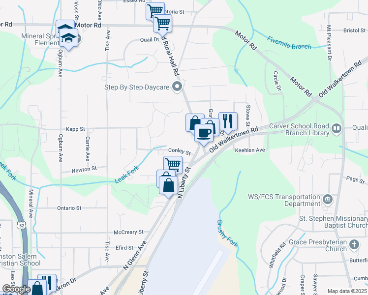 map of restaurants, bars, coffee shops, grocery stores, and more near 1155 Conley Street in Winston-Salem