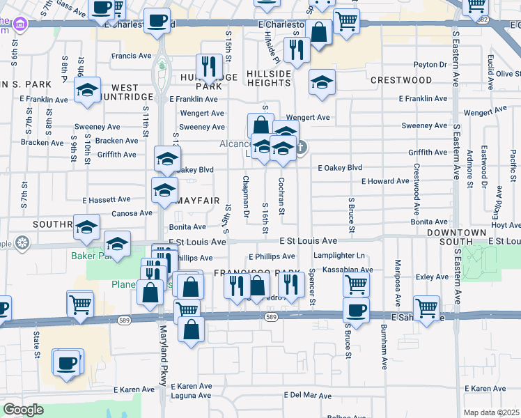 map of restaurants, bars, coffee shops, grocery stores, and more near 1812 South 16th Street in Las Vegas
