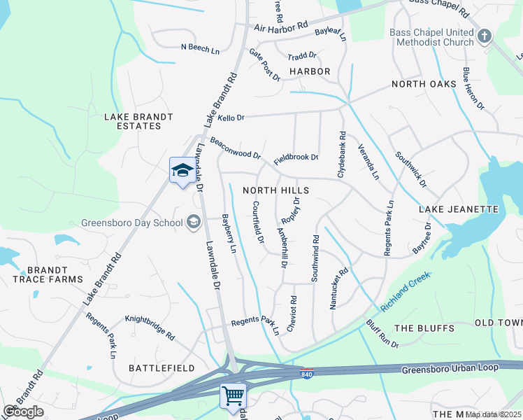 map of restaurants, bars, coffee shops, grocery stores, and more near 5500 Courtfield Drive in Greensboro